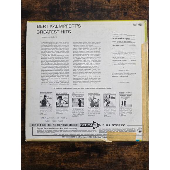 Vintage Bert Kaempfert's and his Orchestra Greatest Hits Decca Stereo DL 74810 - Picture 2 of 7